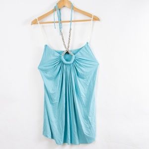 Sky Tank Top halter neck Jeweled keyhole ring blue